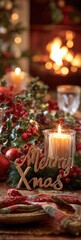 A warm Christmas scene with a glowing candle, festive greenery, red ornaments, and a glittering &ldquo;Merry Xmas&rdquo; decoration by a cozy fireplace