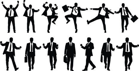 Professional businessman silhouettes set, corporate team jumping and walking, success celebration, dynamic office movement, black and white vector, l
