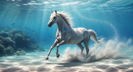 A majestic white horse galloping through clear shallow water in an underwater scene with sunlight streaming down from above