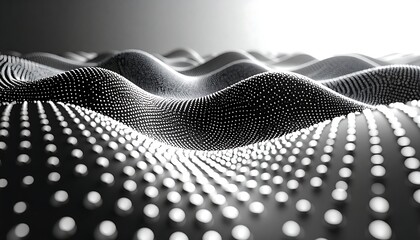 Abstract landscape of rising and falling smooth waves rendered with glowing dots