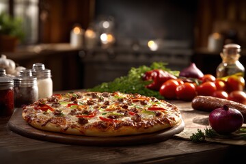 A delicious hot pizza topped with sausage and colorful vegetables rests on a rustic wooden table surrounded by fresh ingredients