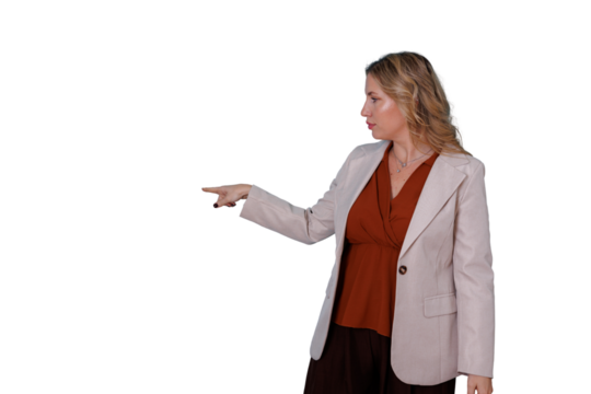 Businesswoman pointing left, presenting or indicating copy space, side view, communication, transparent background - Powered by Adobe