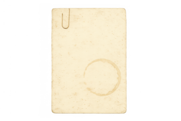 Vintage blank paper card with rust paperclip and coffee stain, adding a texture of old memories, transparent background