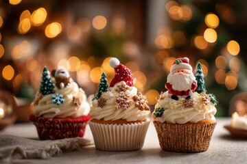 Festive cupcakes topped with Santa hats, tiny Christmas trees, and winter decorations glowing against a warm holiday bokeh background