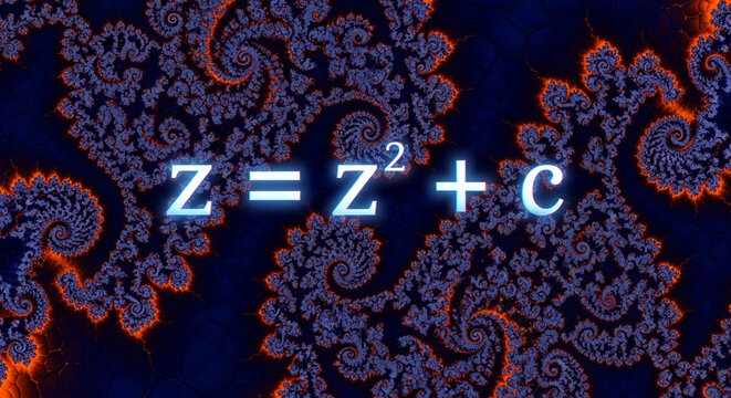 Dark Themed 4K Wallpaper of a Glowing Mandelbrot Fractal Zoom with its Mathematical Formula Overlaid as a Hologram