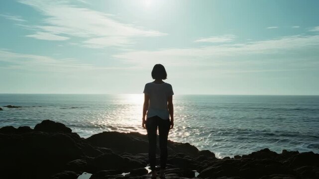 Solitary adult woman contemplates the ocean view from a rocky shore at sunrise. Cinematic sequence representing a journey of self discovery and personal reflection