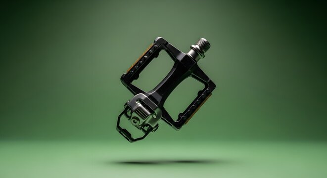 A professional bicycle pedal with a sleek design and adjustable features, floating against a solid green background for sports and cycling enthusiasts