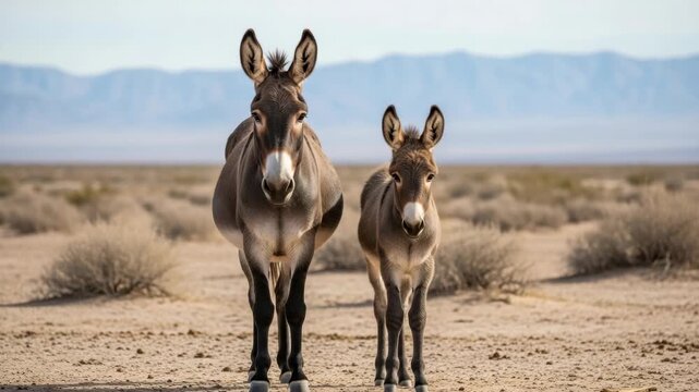 Panoramic banner of a wild burro mother and her cute foal standing in a desert landscape. Curious feral donkeys looking at the camera in their natural arid habitat