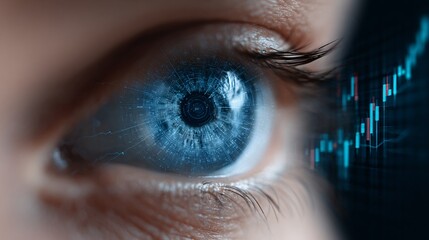 Algorithmic trading AI eye watching candlestick charts, macro cyber view,