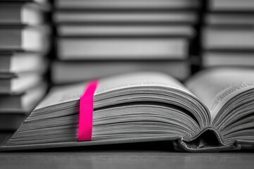 An open book with vivid pink ribbon lies on table among monochrome books showing selective color contrast in minimal composition