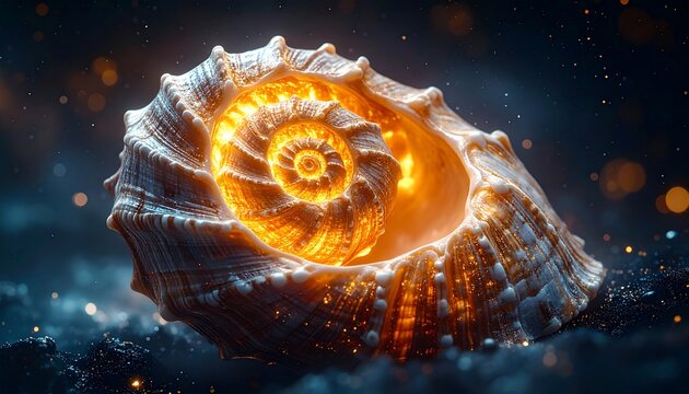 Stunning illuminated seashell showcasing a vibrant spiral with a captivating celestial ambiance