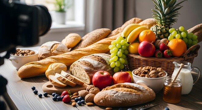 A variety of fresh bread, fruits, nuts, and beverages arranged on a table for breakfast or brunch in a cozy home setting