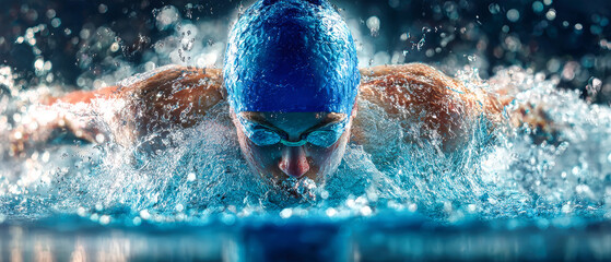 Competitive swimmer demonstrating powerful butterfly stroke in a clear blue pool during a morning training session