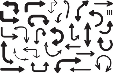 Diverse black arrow icons point directions guidance navigation