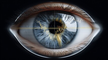 Algorithmic trading AI eye watching candlestick charts, macro cyber view,