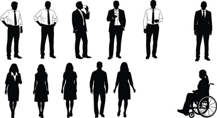 Business people silhouettes standing and walking, office workers men and women in formal clothes, diverse corporate team including person in w