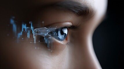 Algorithmic trading AI eye watching candlestick charts, macro cyber view,