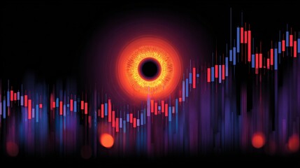 Algorithmic trading AI eye watching candlestick charts, macro cyber view,