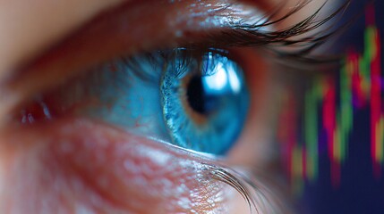 Algorithmic trading AI eye watching candlestick charts, macro cyber view,