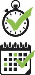 Stopwatch and calendar icons with green check marks symbolizing time management, scheduling, productivity, and efficiency