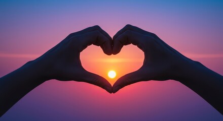 Fototapeta premium Woman making a heart shape with hands silhouetted against a vibrant sunset sky. Concept of love, hope, romance, and new beginning.