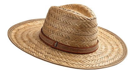 A straw cowboy hat with a brown band, isolated on transparent background
