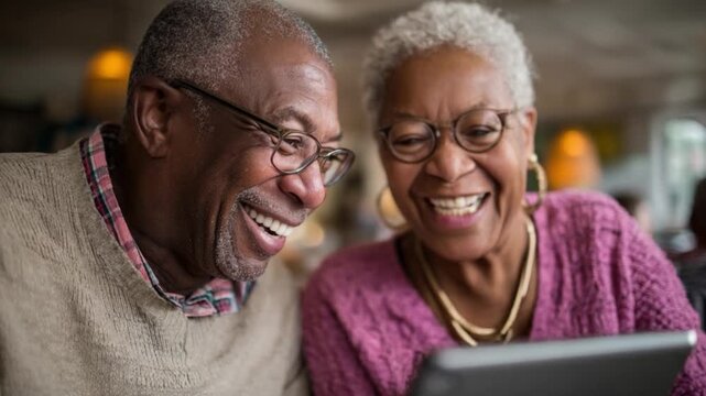 Shared Laughter: An elderly couple, embracing in a moment of shared joy, are captivated by an unseen element, their laughter reflecting a lifetime of love and connection.