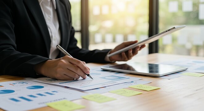 Businesswoman Analyzing Financial Data with Tablet and Chart Reports
