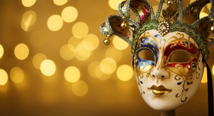 Venetian carnival mask with festive bokeh light background. Traditional Mardi Gras masquerade for party invitation or event promotion.