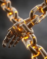 Smart contract blockchain nodes glowing, robotic hands connecting links,