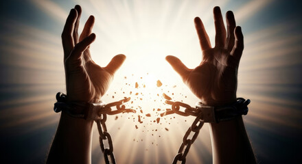 Man breaking free from chains with upward reaching hands. Concept of freedom, liberation, and overcoming adversity. Day for the Abolition of Slavery
