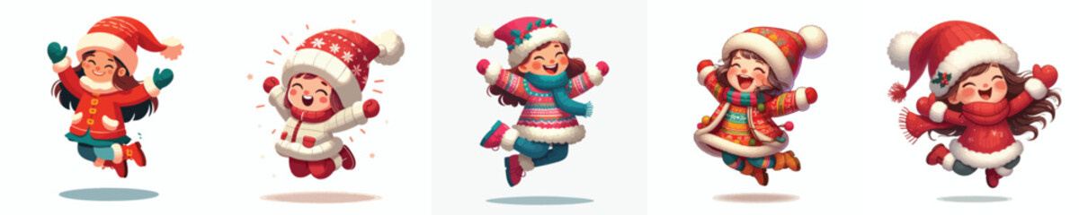 vector of a little girl jumping happily welcoming Christmas