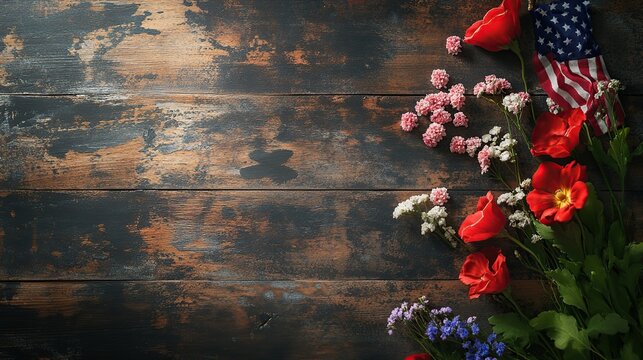 A rustic wooden table displays a vibrant bouquet of flowers and an American flag, creating a patriotic and floral composition.