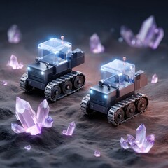 Crypto mining robots working underground, luminous digital ore, surreal,