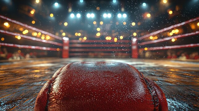 Boxing glove in wet ring, arena lights, crowd. Sports event, promotion