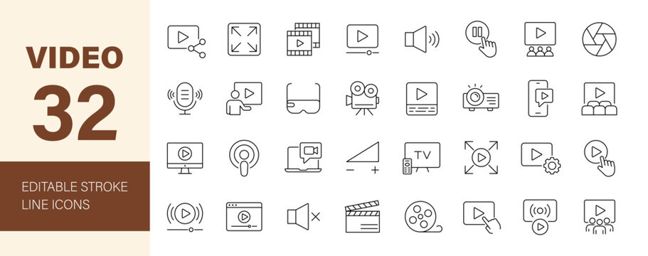 Video icon set. Editable line icons. Vector illustration.