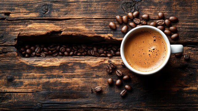 Espresso coffee cup on rustic wooden background with coffee beans.  Use Food, beverage menu