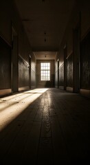 An empty, dimly lit corridor with sunlight streaming through a window at the end, creating long shadows on the wooden floor and dark walls