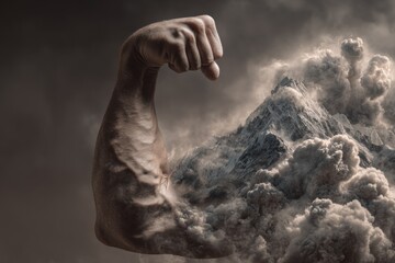 Fototapeta premium A dramatic blend of a muscular outstretched arm transforming into swirling storm clouds against a dark, intense backdrop