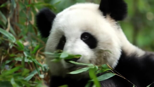 A close-up of a panda bear peeking through leafy green foliage in natural habitat
