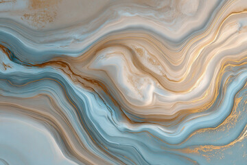 Elegant swirling soft blue and beige marble texture with organic flowing natural patterns and luxurious golden accents for background design and decoration