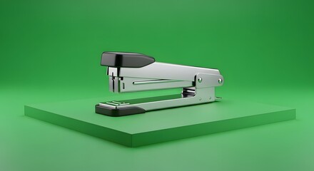 A modern desktop stapler placed on a green surface against a green background, used for binding papers together in an office or school setting