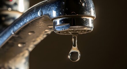 Close-up of a water droplet falling from a metallic faucet with water droplets on its surface in a kitchen setting