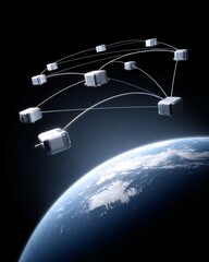 Global payment network floating above Earth, robotic satellites scanning transactions,