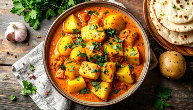 A delicious and hearty Aloo Gobi curry, a popular Indian dish made with potatoes and cauliflower, is served in a bowl with naan bread, garlic, and fresh parsley
