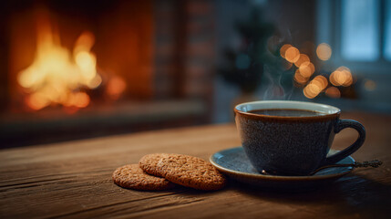 Warm steaming cup of coffee with three oatmeal cookies on wooden table near cozy fireplace with festive lights blurred in background creating peaceful atmosphere