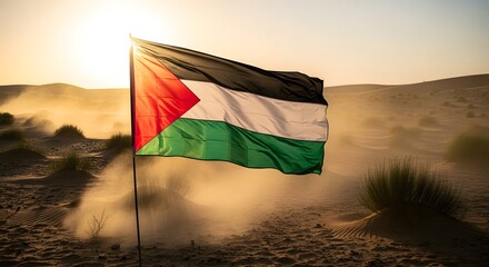 Flag with Red, White, Black, and Green Sections Blowing in Bright Desert Sunset