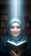 A woman wearing a hijab is illuminated by a focused beam of light while reading a book in a dimly lit environment, creating a serene and contemplative atmosphere