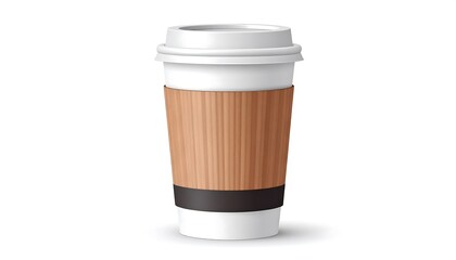 A white coffee cup with a brown sleeve on a white background.
