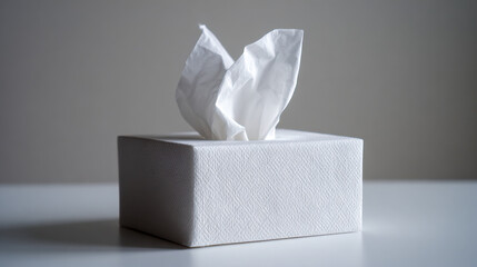 Soft white paper tissues emerging from a textured rectangular box placed on a smooth surface with a neutral background for hygiene and everyday use concepts